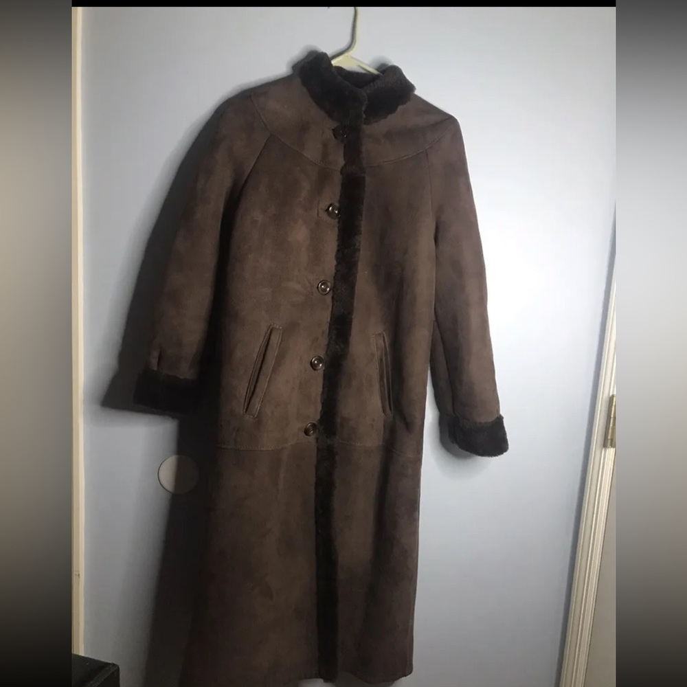 Vintage Rafel NY Sheepskin Shearling Brown Suede Leather Long Coat Womens SZ 6